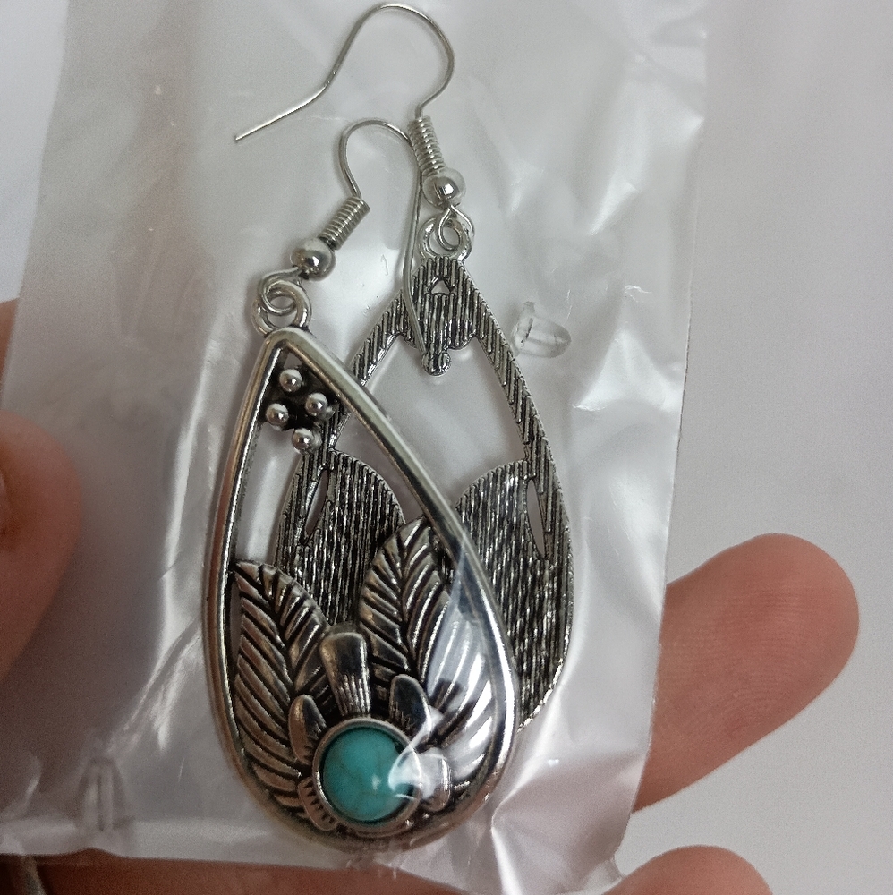 2/30$ Or‎ 3/$35 Western Boho Silver and Turquoise Feather Earrings (#0211)